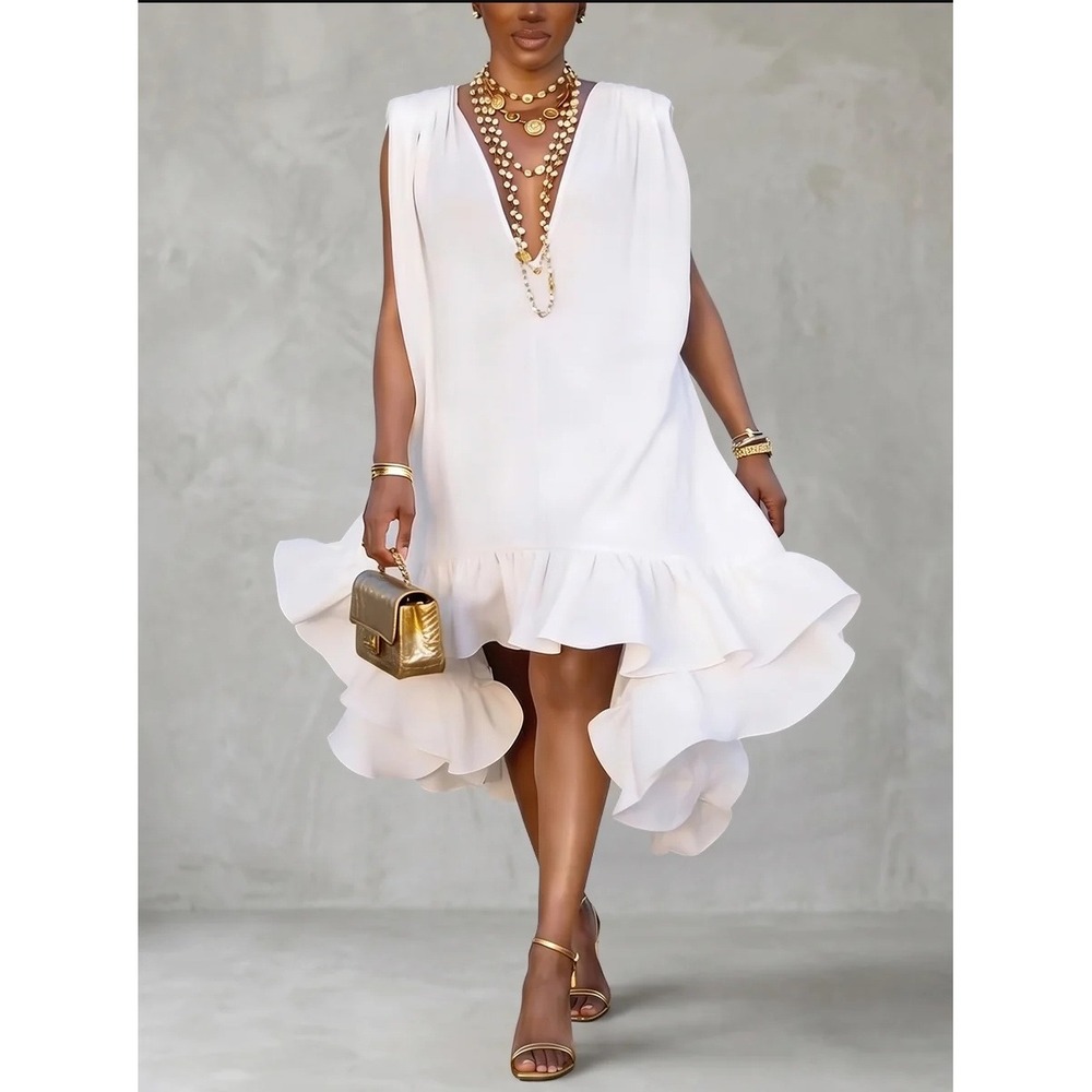 Sleeveless White High-Low Ruffle Dress with V-Neck